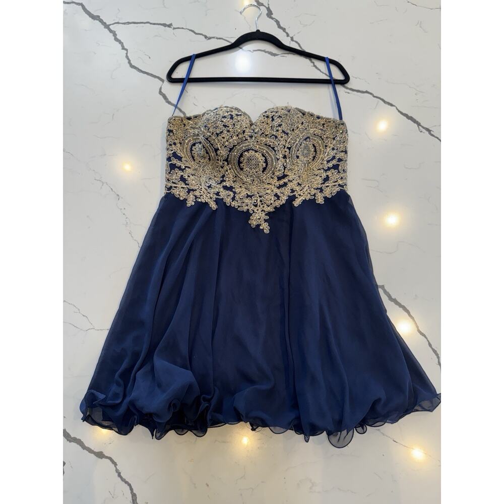 Babyonline Juniors Plus Size 2X Gold Lace Applique Short Homecoming Prom Dress